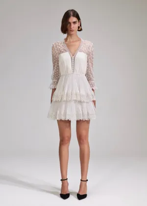 Cream Chiffon Lace Tiered Mini Dress (Cream)