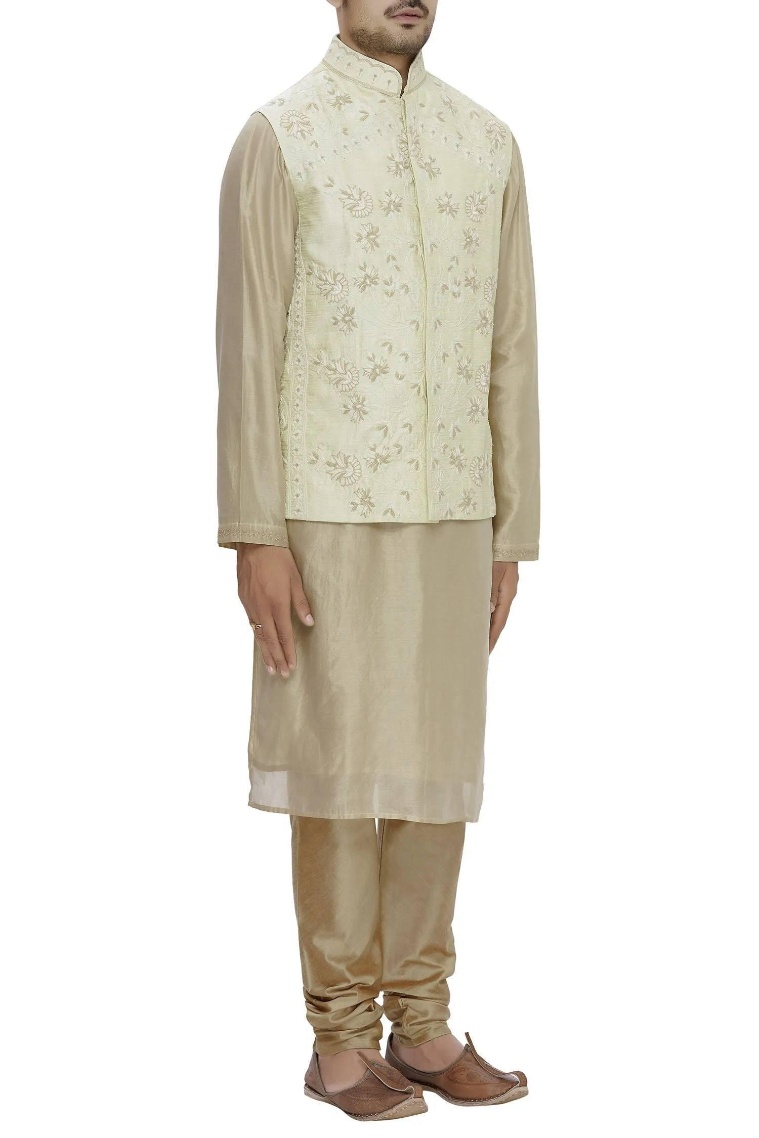 Cream Raw Silk Embrodered Nehru Jacket Bandhgala Waistcoat Bandi