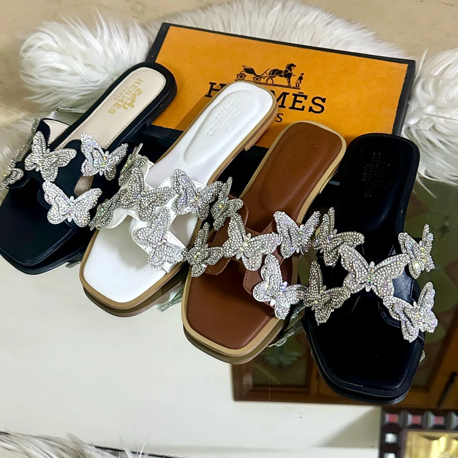 Crystal Butterfly Slides Brown