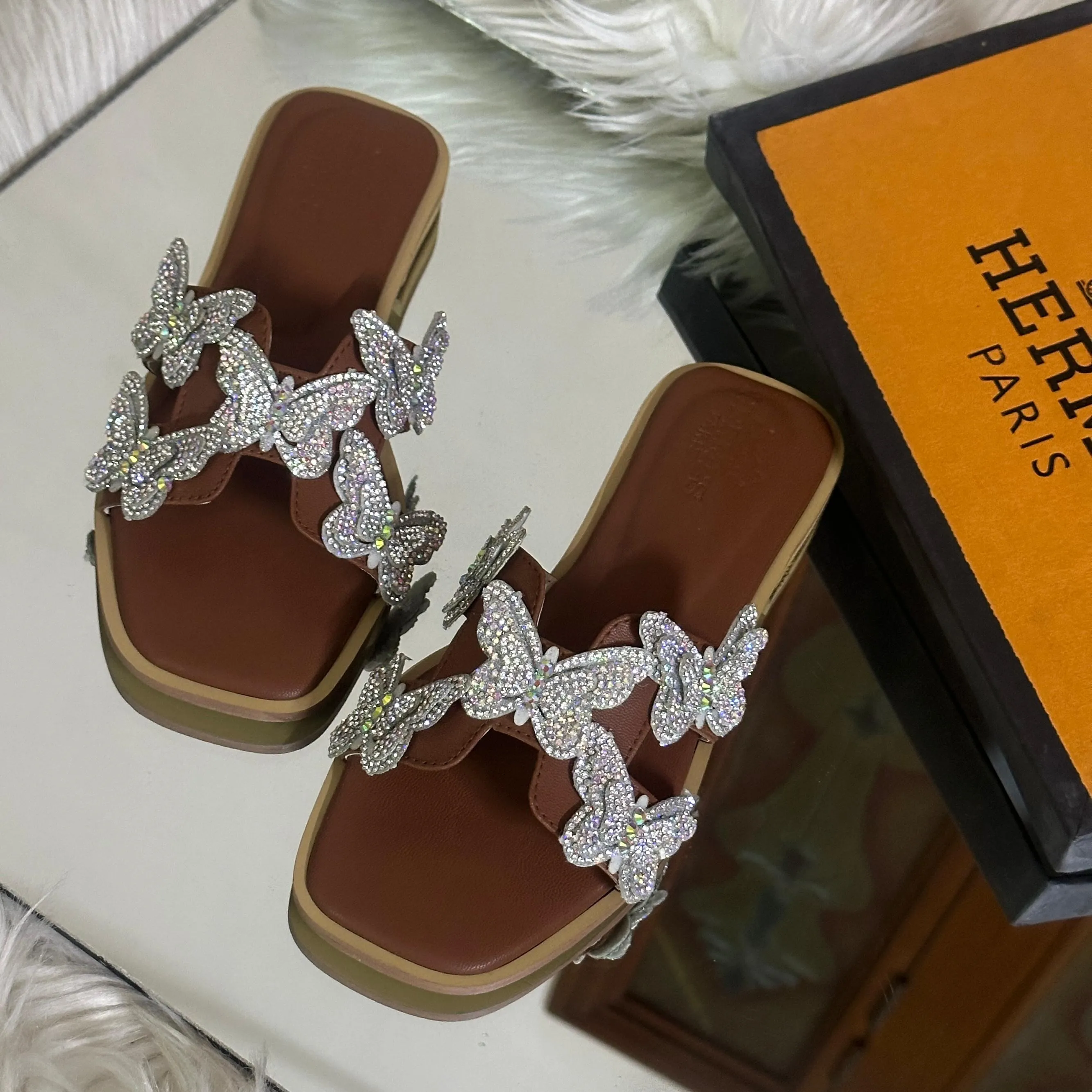 Crystal Butterfly Slides Brown
