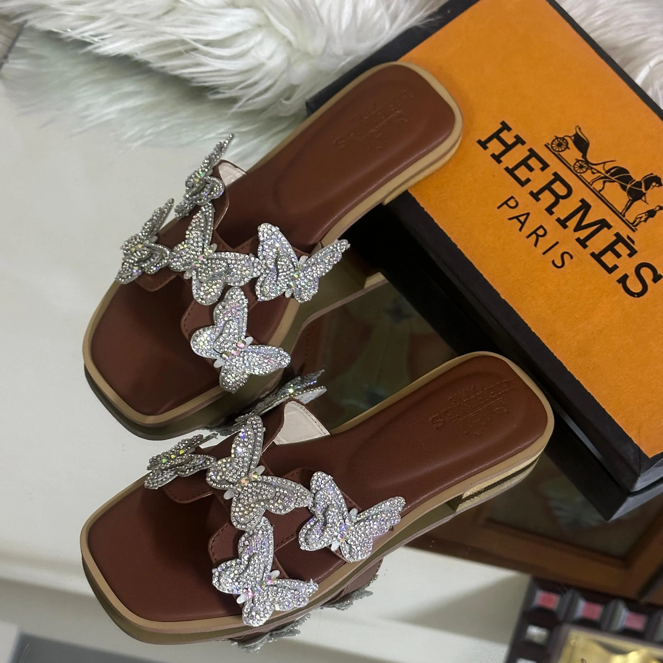 Crystal Butterfly Slides Brown
