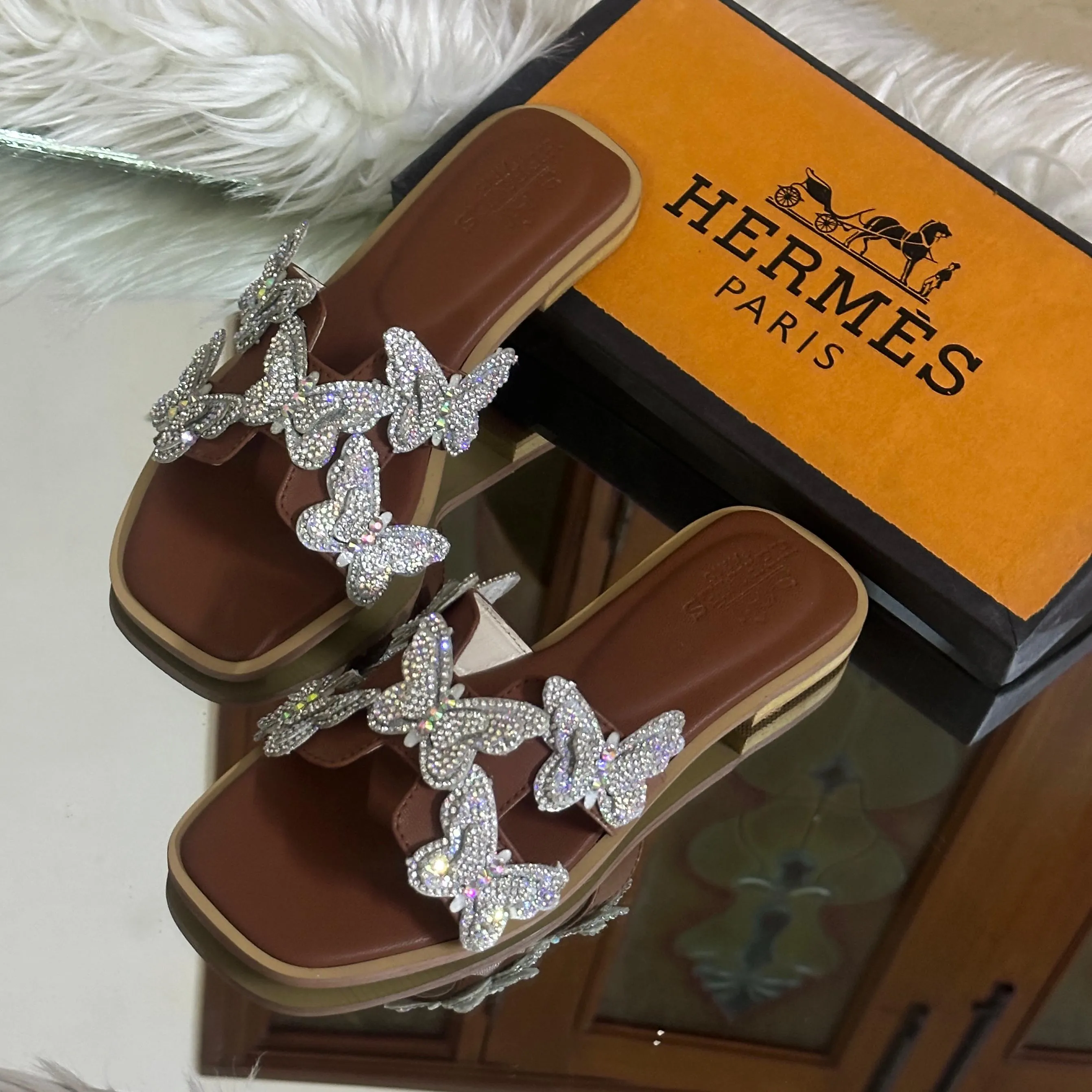 Crystal Butterfly Slides Brown