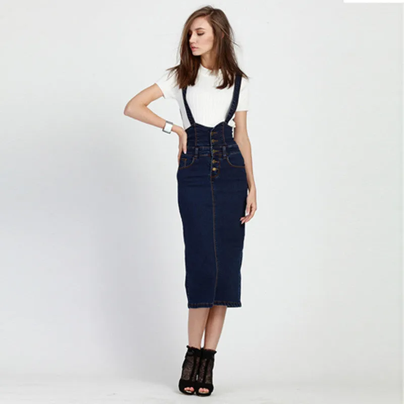 Denim Suspender Skirt for Women Long Elastic Slim Casual Back Split A-line Plus Size High Waist Jeans Skirts Womens