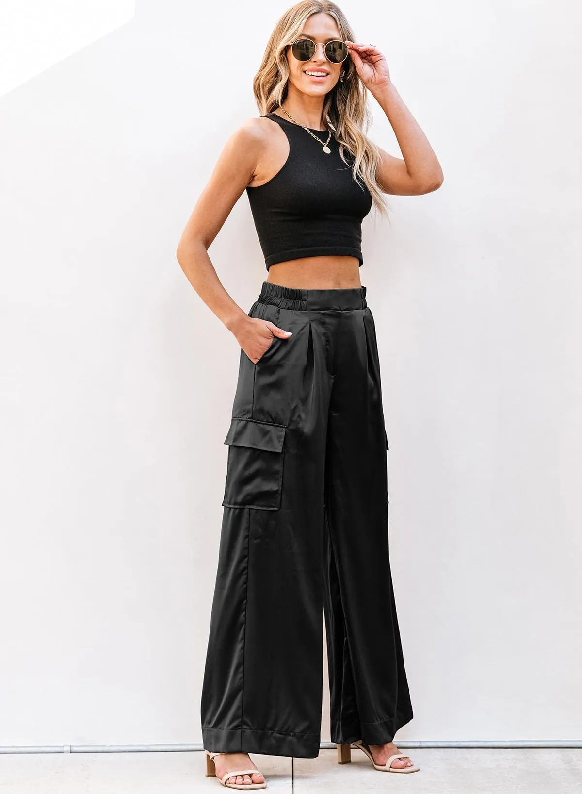 Dokotoo Black Women's Pants Wide Leg Trousers High Waisted Dress Cargo Pants for Women Trendy Casual Palazzo Pants Dressy Pants 2024 Outfits Fashion Clothes