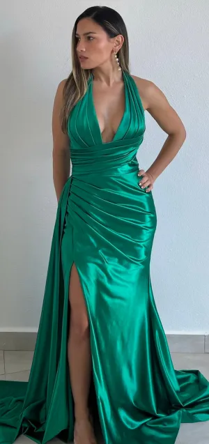Dramatic Stunner Emerald Halter Satin Formal Gown