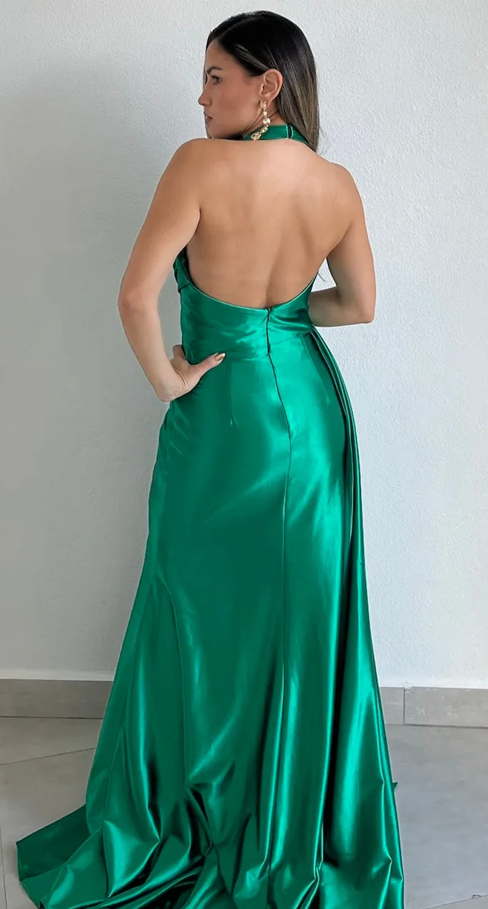 Dramatic Stunner Emerald Halter Satin Formal Gown