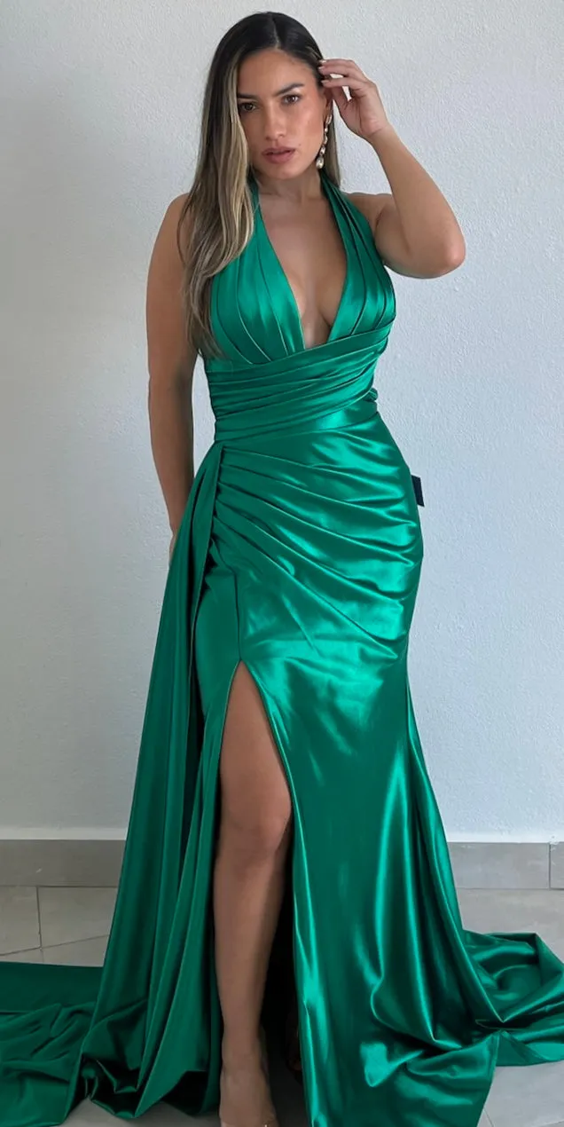 Dramatic Stunner Emerald Halter Satin Formal Gown