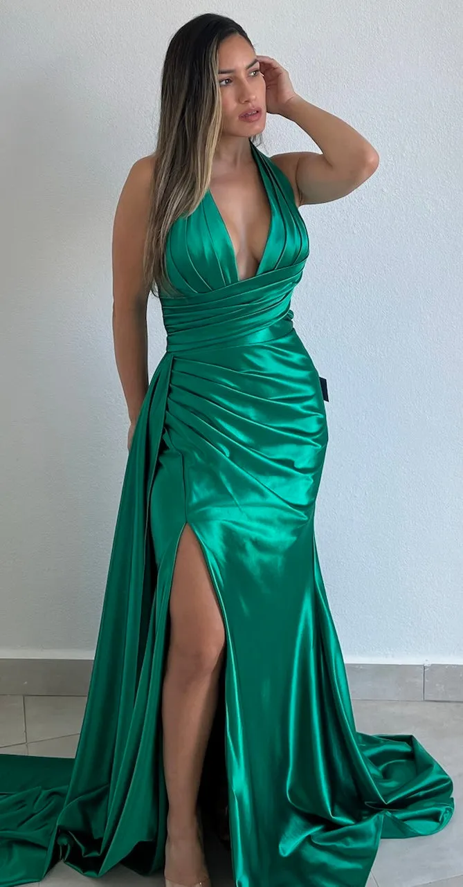 Dramatic Stunner Emerald Halter Satin Formal Gown