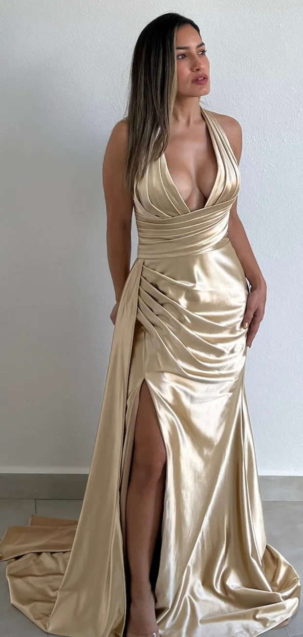 Dramatic Stunner Gold Halter Satin Formal Gown