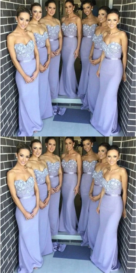 Elegant Mermaid Sweetheart Lavender Satin Bridesmaid Dresses with Appliques, QB0141