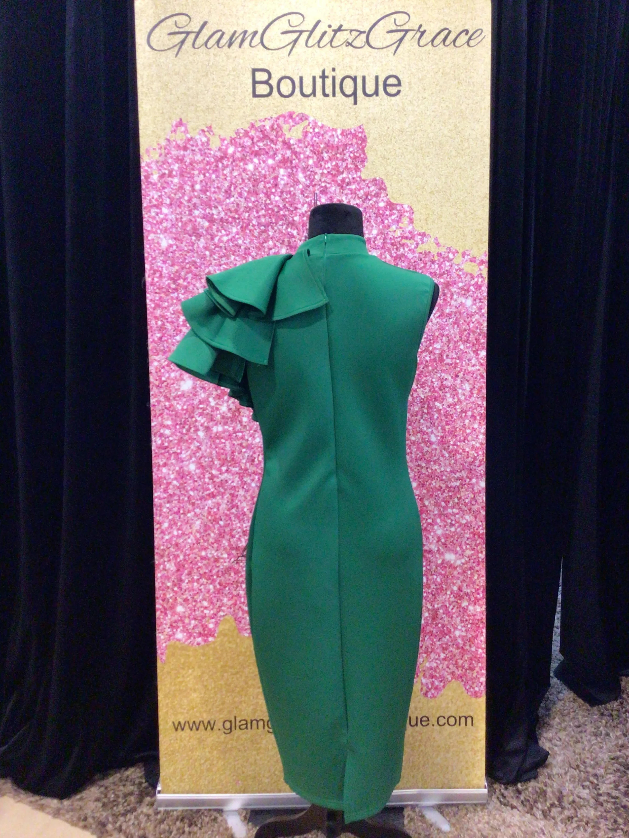 Emerald One Shoulder Ruffles Fitted Dress With Slit in the Back