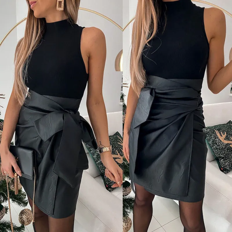 Faux Leather Tie Skirt with High Waist and Front Tie