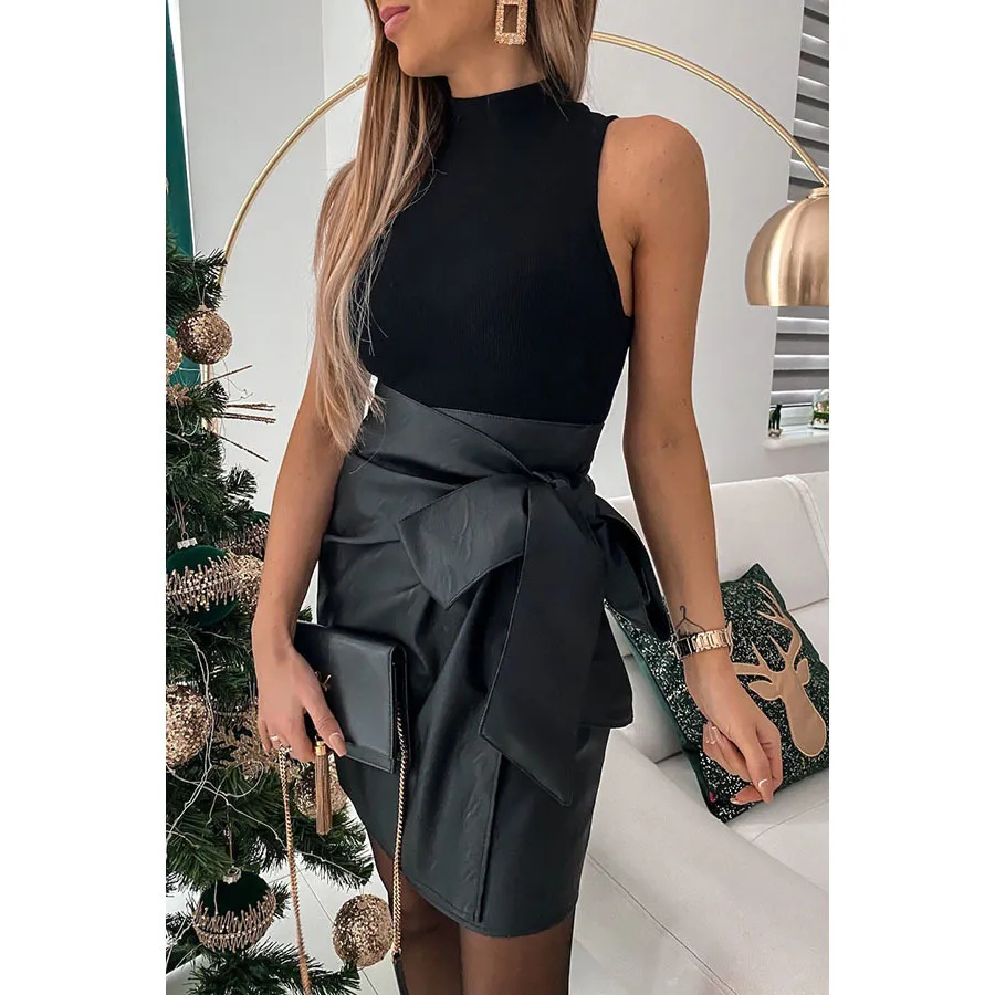 Faux Leather Tie Skirt with High Waist and Front Tie