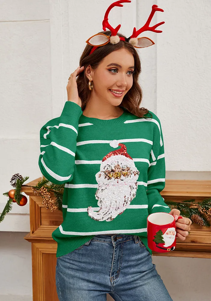 Festive Santa Claus Striped Sequin Pullover Sweater for Holiday Cheer