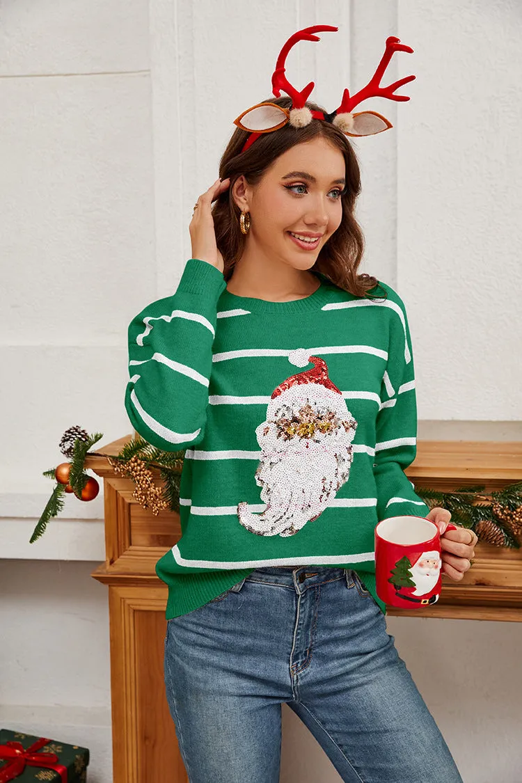 Festive Santa Claus Striped Sequin Pullover Sweater for Holiday Cheer