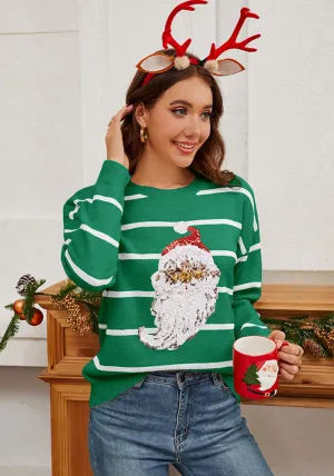 Festive Santa Claus Striped Sequin Pullover Sweater for Holiday Cheer
