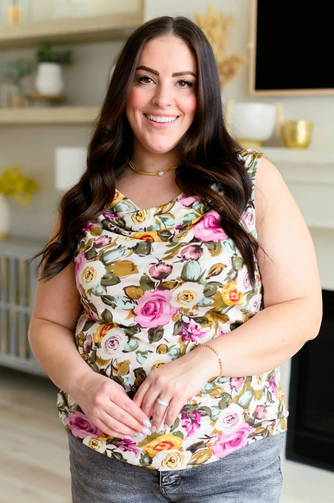 Floral Sleeveless Blouse with Cowl Neck