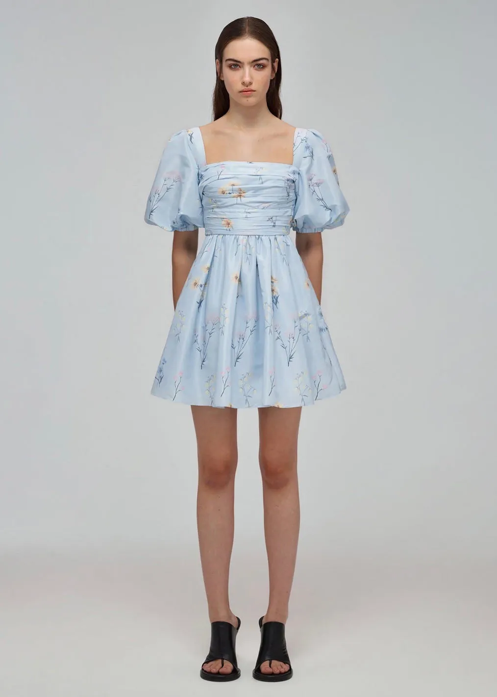Floral Watercolor Taffeta Mini Dress (Blue)