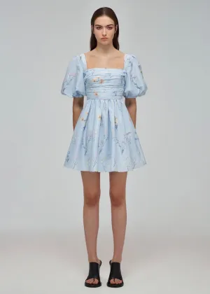 Floral Watercolor Taffeta Mini Dress (Blue)