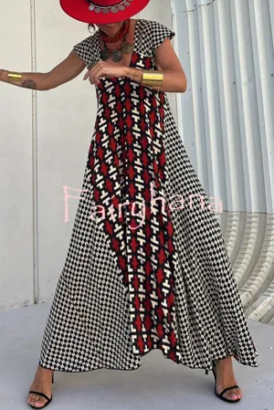 Fresh Breeze Ethnic Unique Print Ruffle Sleeve A-line Maxi Dress