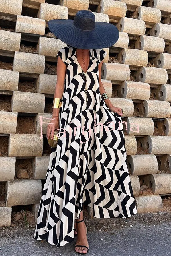 Fresh Breeze Ethnic Unique Print Ruffle Sleeve A-line Maxi Dress
