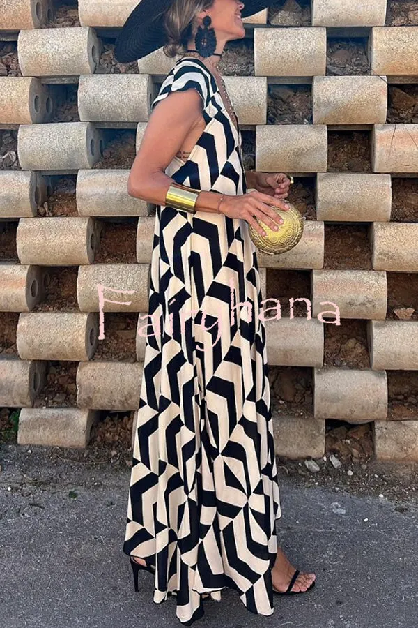 Fresh Breeze Ethnic Unique Print Ruffle Sleeve A-line Maxi Dress