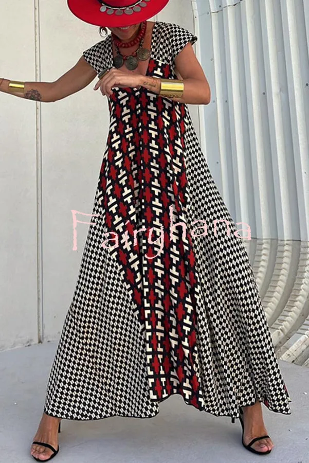 Fresh Breeze Ethnic Unique Print Ruffle Sleeve A-line Maxi Dress
