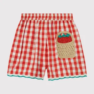 GIRL CHECK SHORTS WITH CROCHET STRAWBERRIES DETAILS