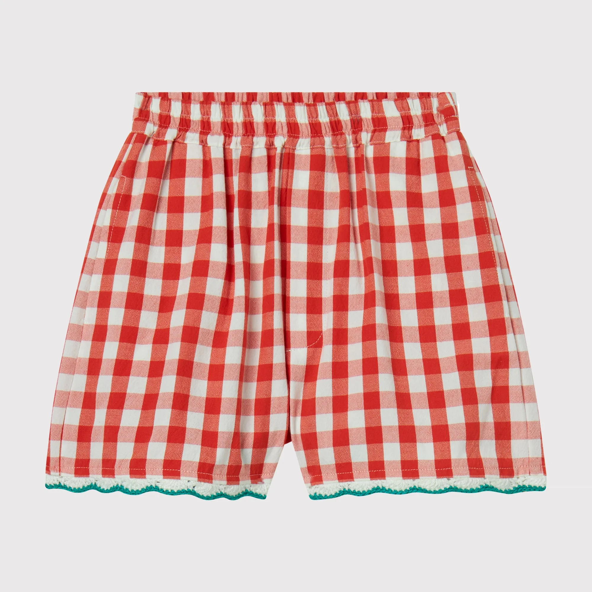 GIRL CHECK SHORTS WITH CROCHET STRAWBERRIES DETAILS