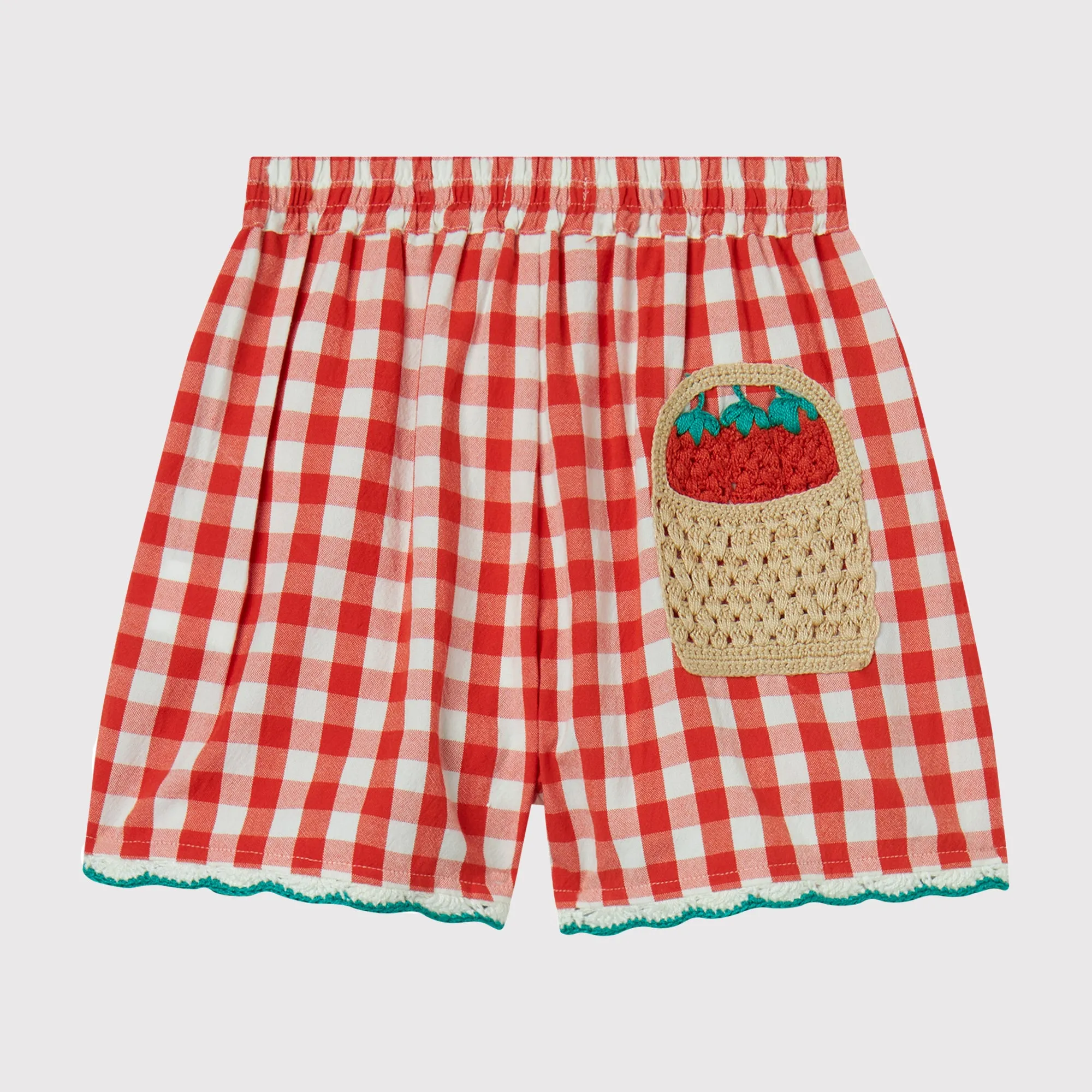 GIRL CHECK SHORTS WITH CROCHET STRAWBERRIES DETAILS