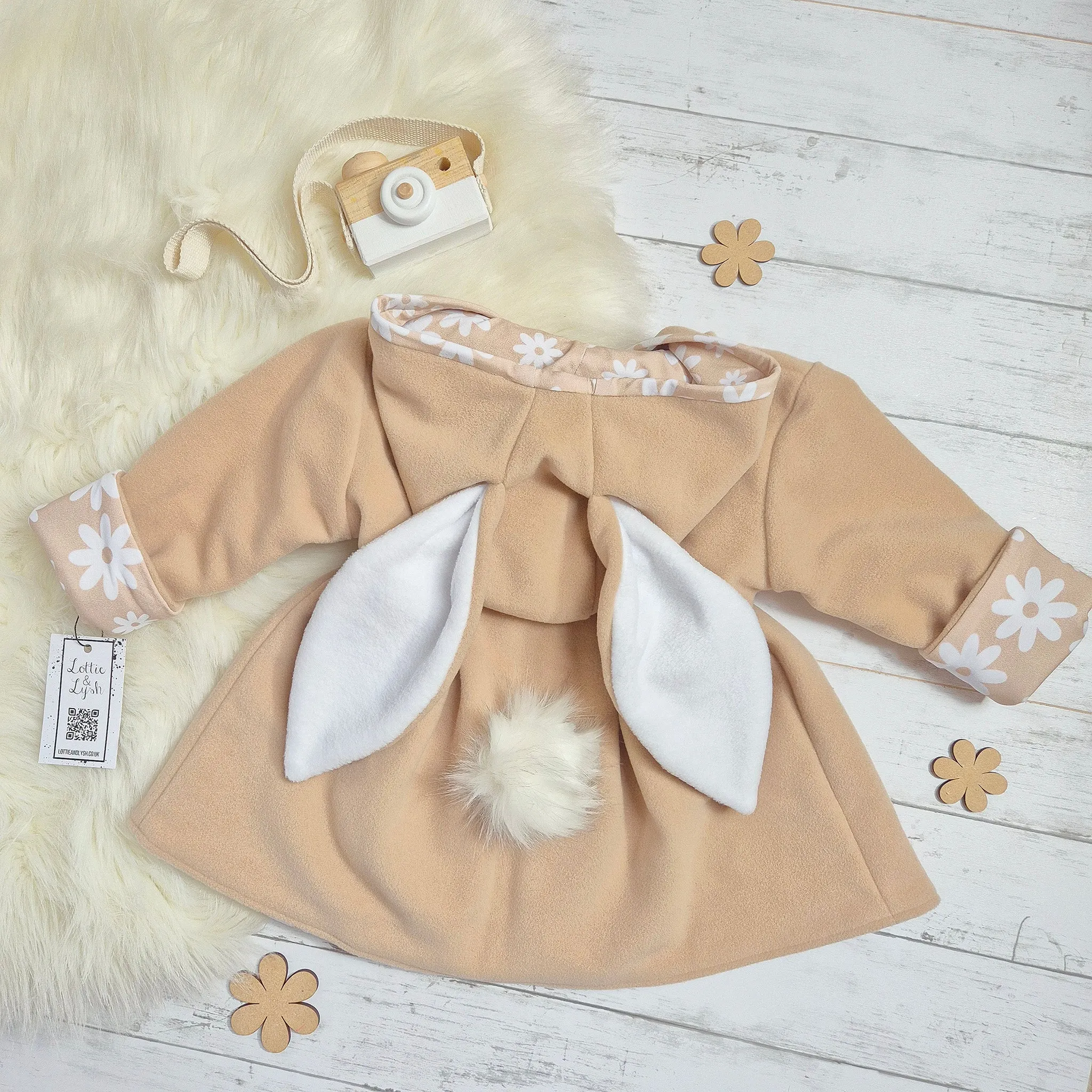 Girls Bunny Jacket | Beige Wool & Neutral Flowers