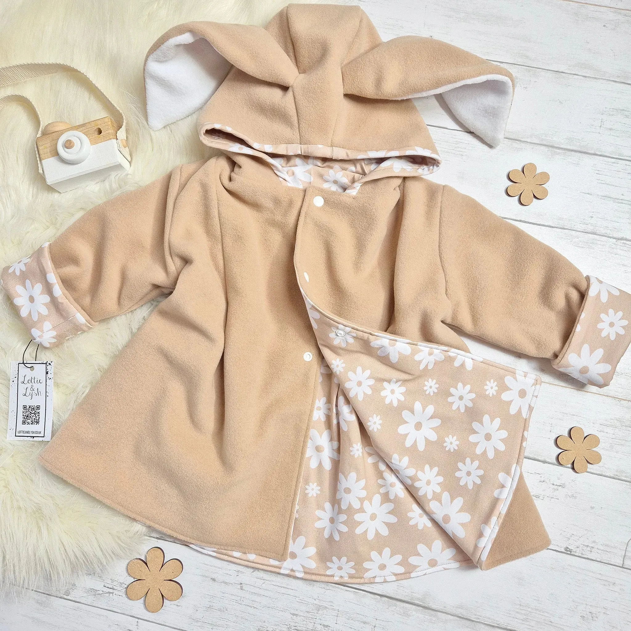 Girls Bunny Jacket | Beige Wool & Neutral Flowers