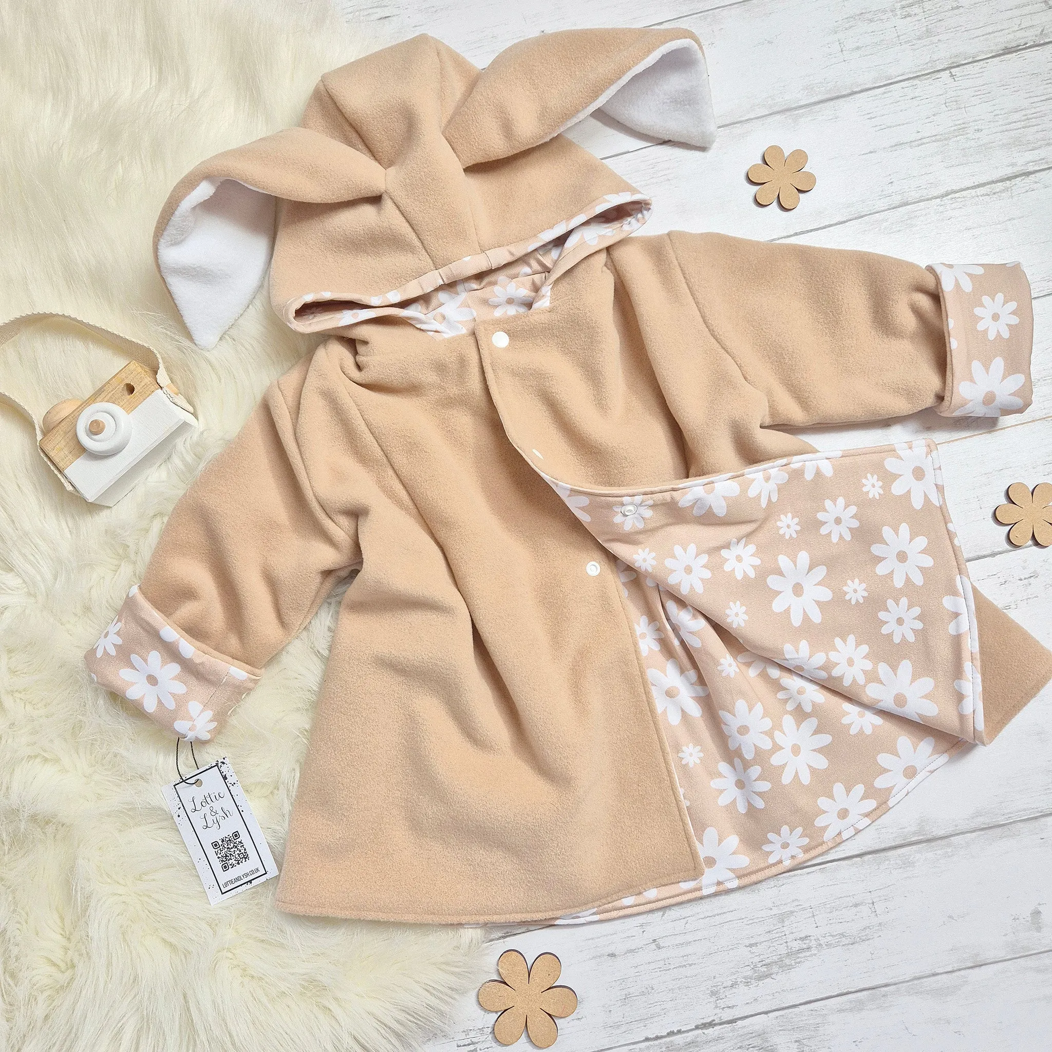 Girls Bunny Jacket | Beige Wool & Neutral Flowers