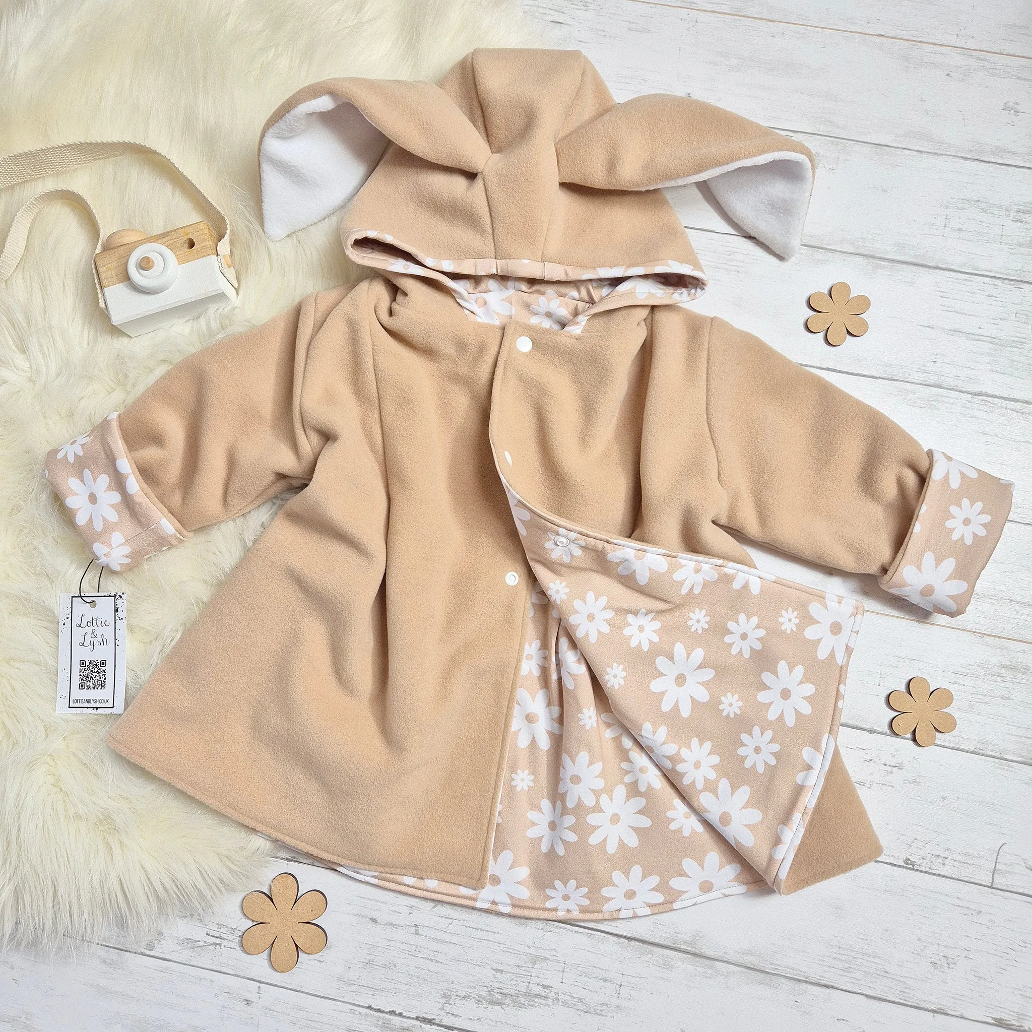 Girls Bunny Jacket | Beige Wool & Neutral Flowers