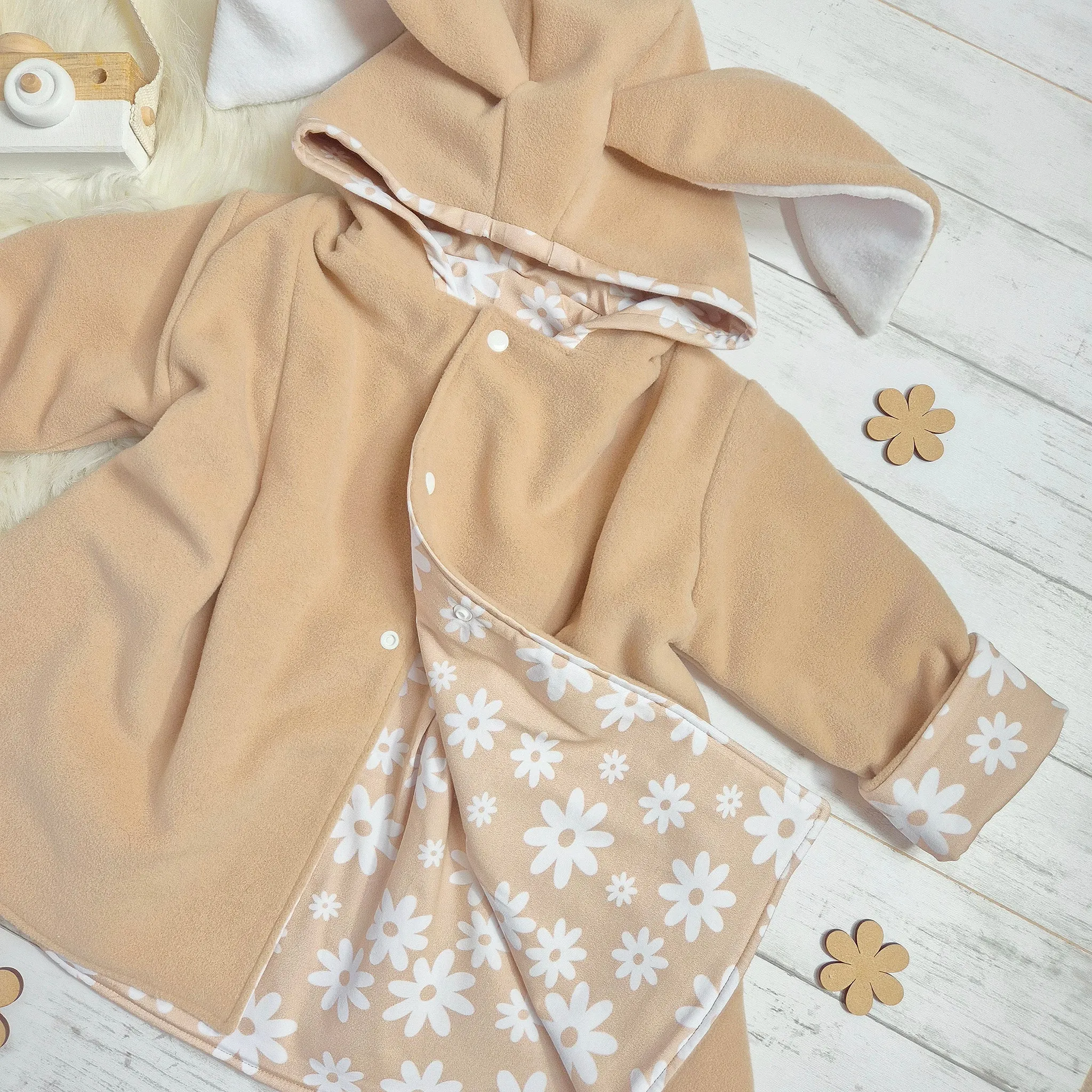 Girls Bunny Jacket | Beige Wool & Neutral Flowers