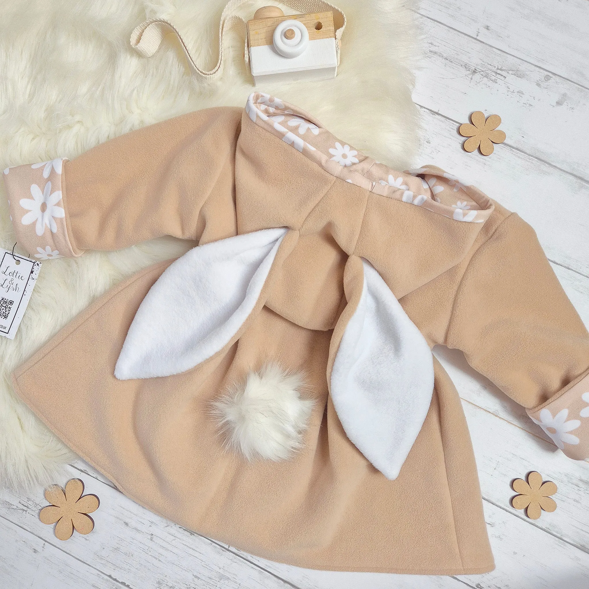 Girls Bunny Jacket | Beige Wool & Neutral Flowers
