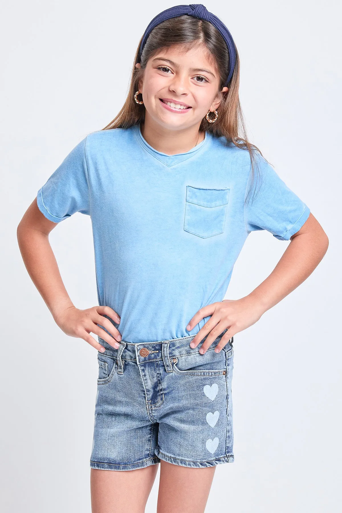 Girls White Heart Print Clean Hem Shorts, Pack of 12