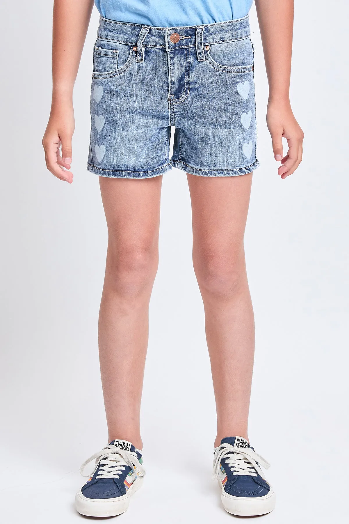 Girls White Heart Print Clean Hem Shorts, Pack of 12
