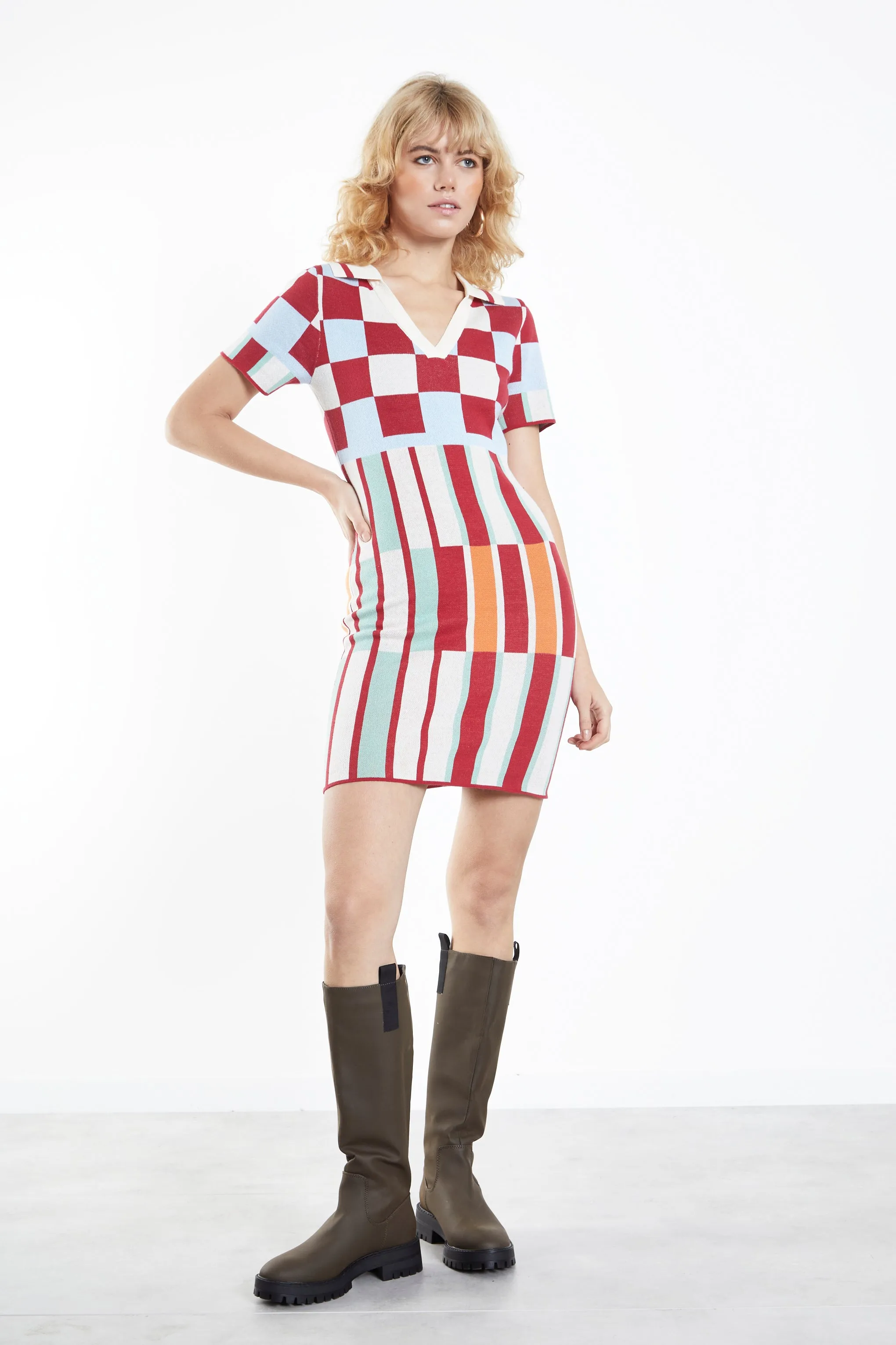 Glamorous Red Multi Graphic Knit V Neck Mini Dress
