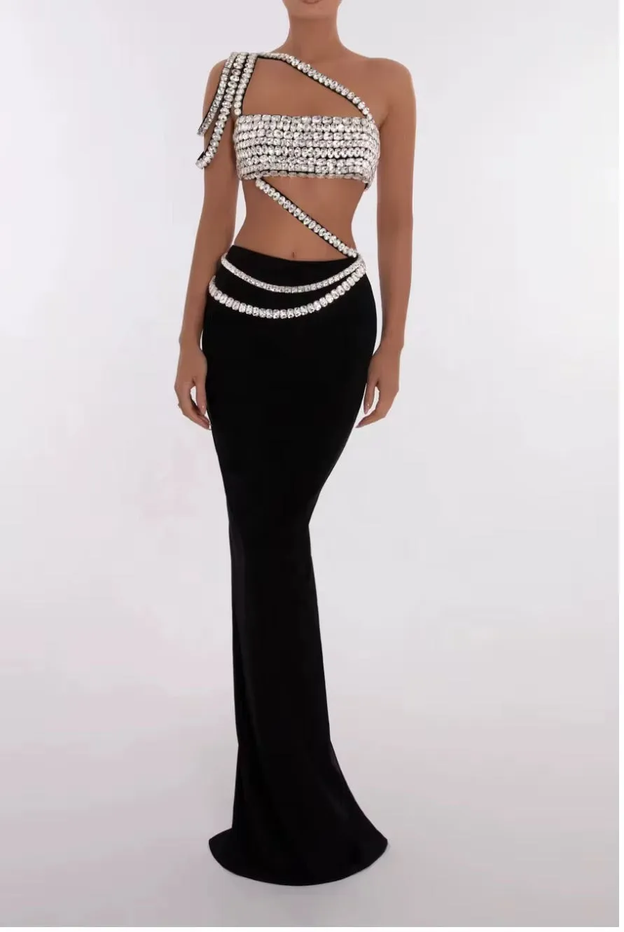 Goldie Spaghetti Strap Crystal Embellished Top & Long Skirt Set