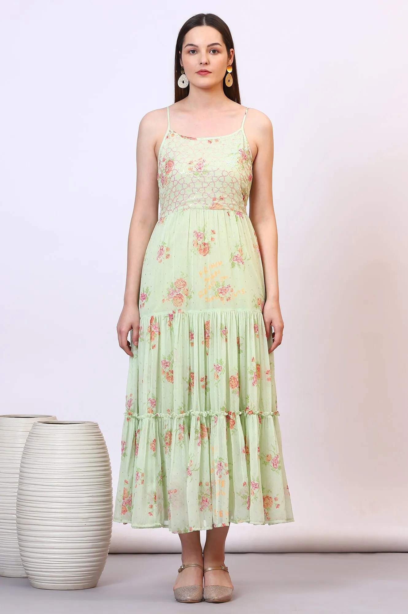 Green Floral Printed Tiered Spaghetti Dress and Short Jacket Set