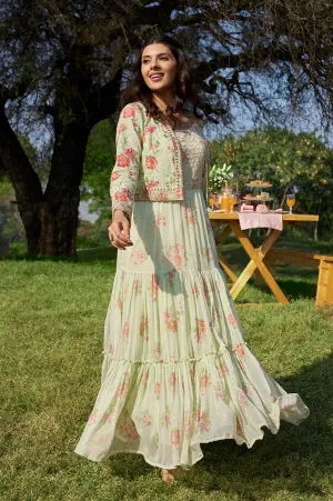 Green Floral Printed Tiered Spaghetti Dress and Short Jacket Set