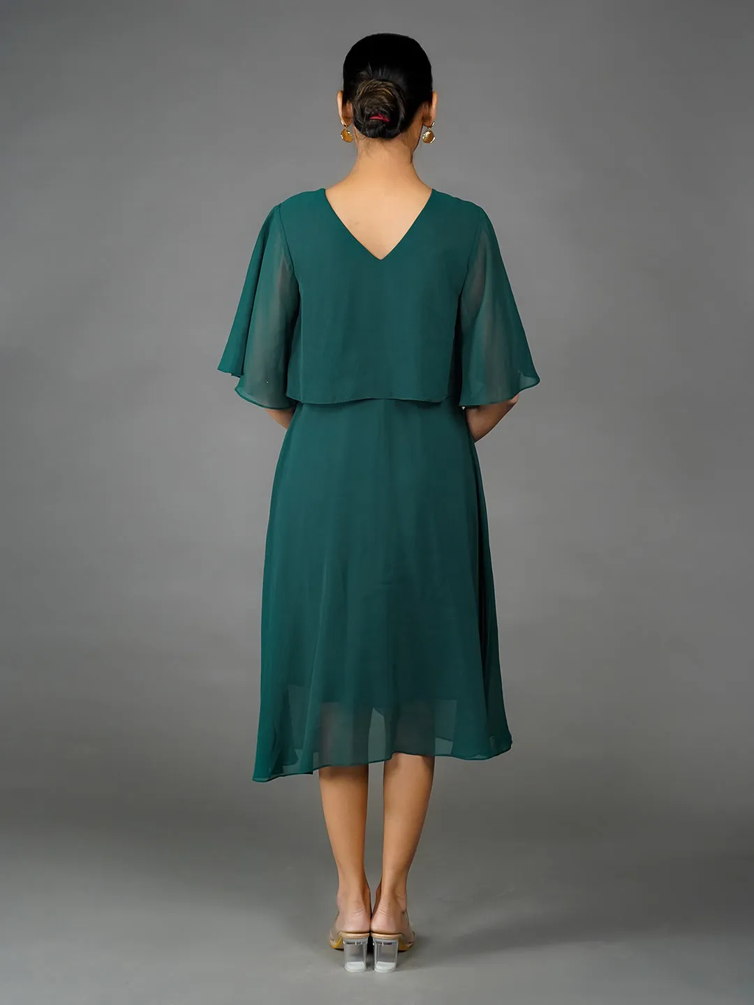 Green Solid Embroidered Flared Midi Dress