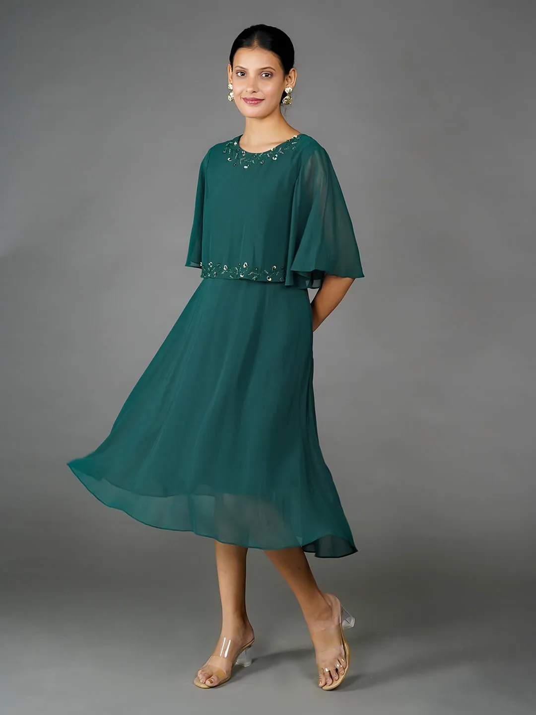 Green Solid Embroidered Flared Midi Dress