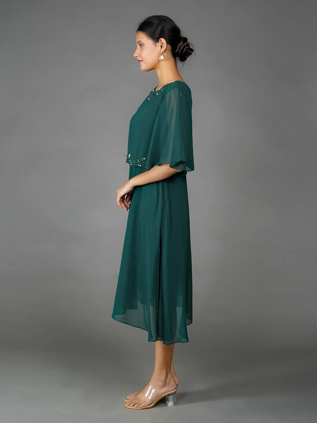 Green Solid Embroidered Flared Midi Dress