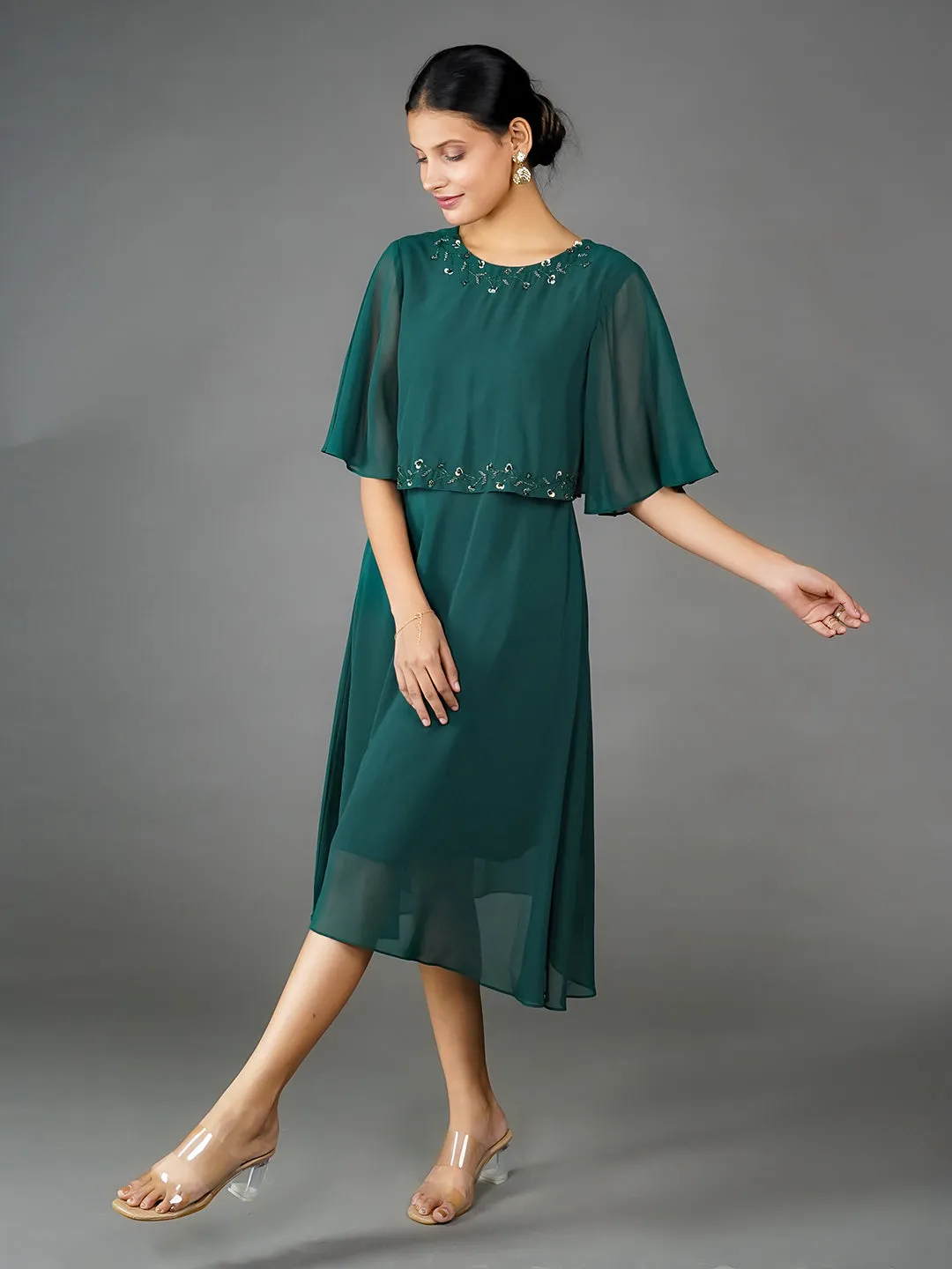 Green Solid Embroidered Flared Midi Dress