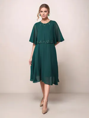 Green Solid Embroidered Flared Midi Dress
