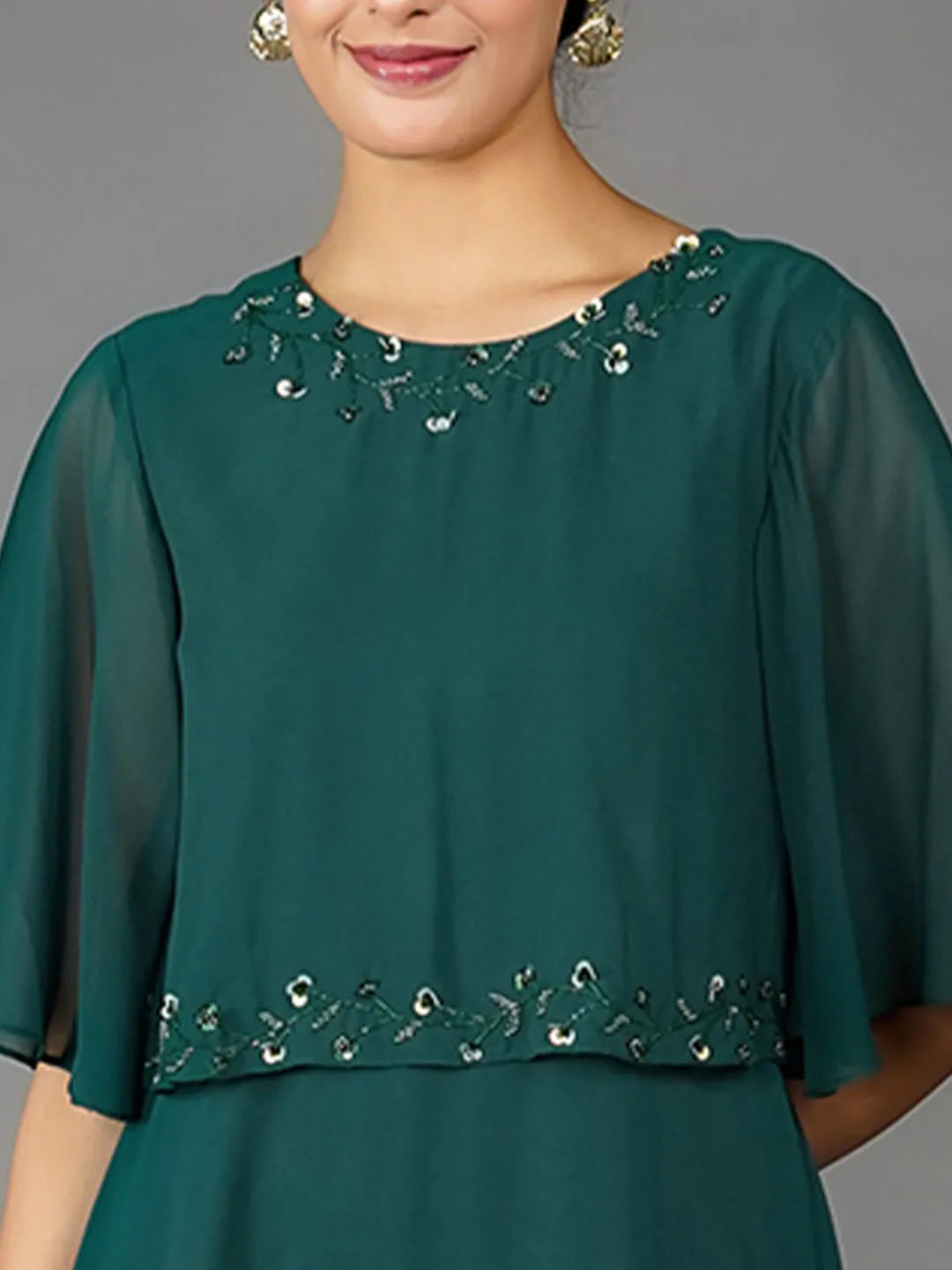 Green Solid Embroidered Flared Midi Dress