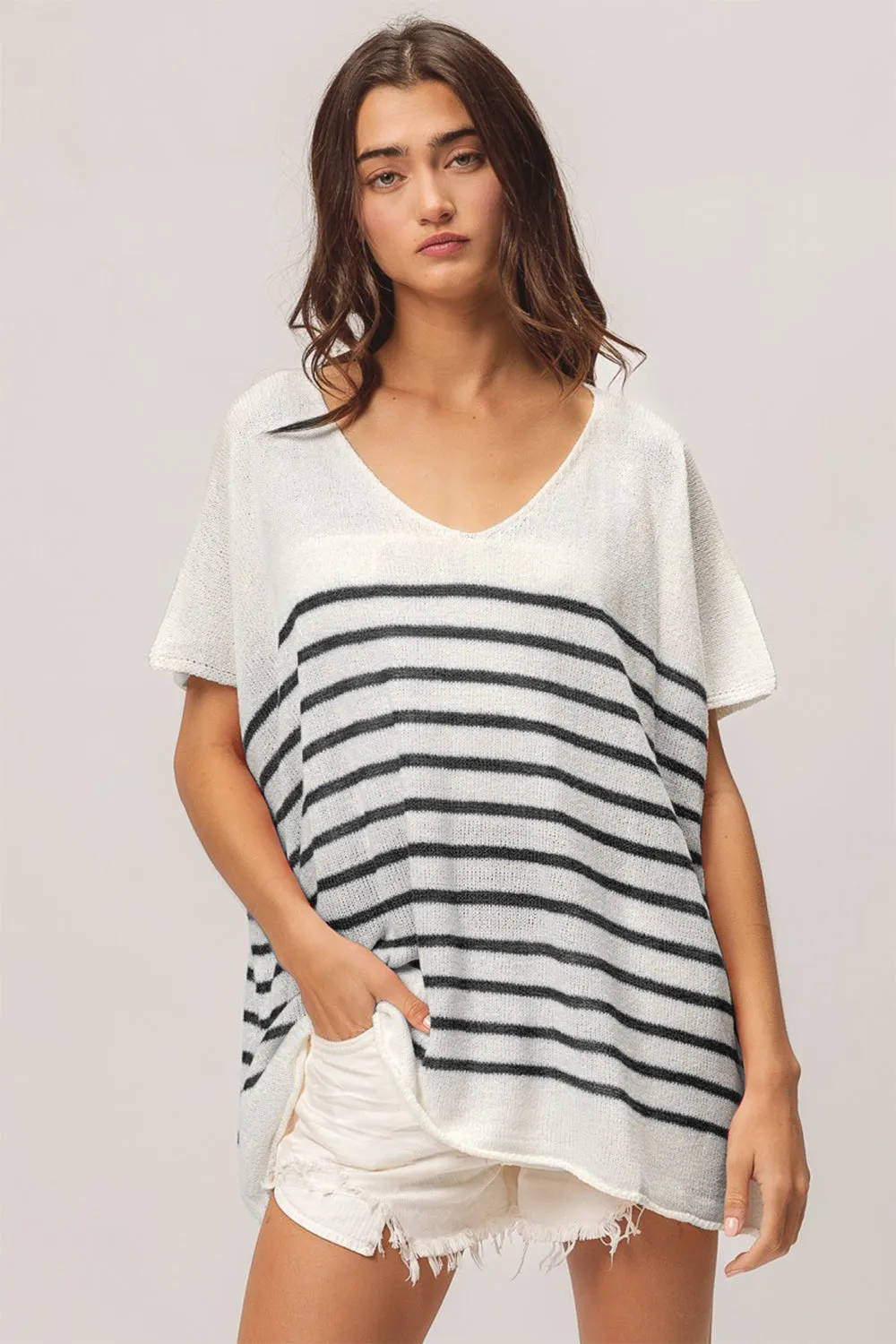 Hazel Blues® |  BiBi V Neck Striped Short Sleeve Top