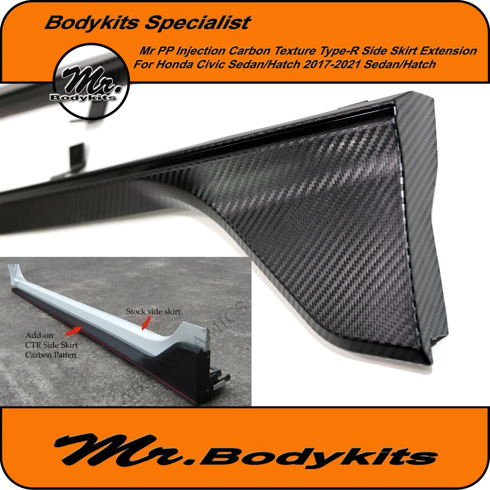 Honda Civic FC/FK 17-21 Hatch/Sedan 10th Gen Carbon Texture Type-R Side Skirt Extension
